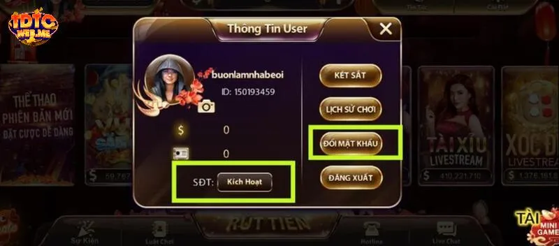 Chọn đổi mật khẩu tại mục thông tin user 